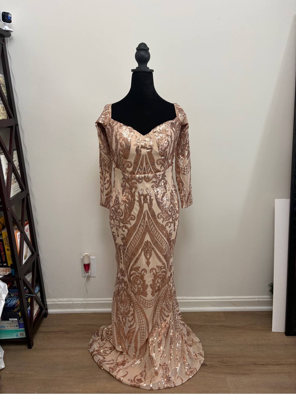 Sequin Embellished Rose Gold Long Sleeve Evening Gown